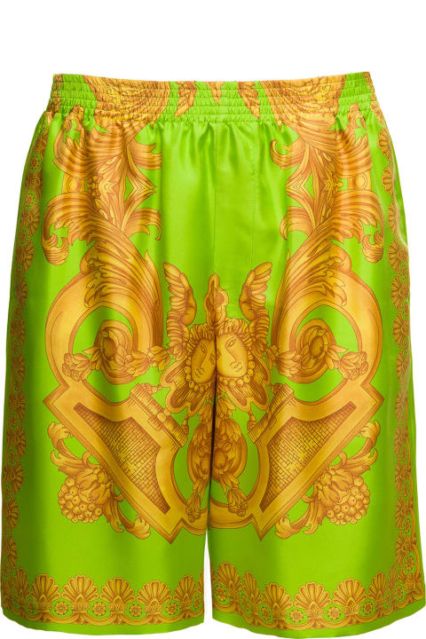 Green And Gold Shorts With All-over Barrocco Print In Silk Man