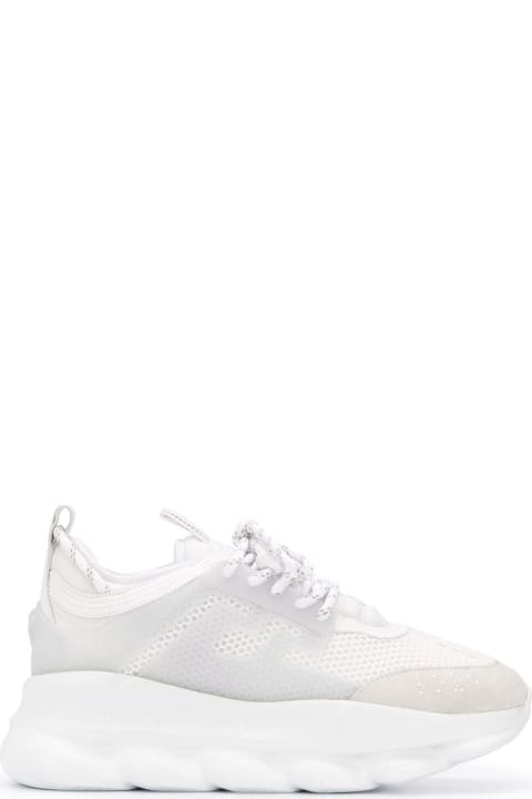 Versace Men's Chain Reaction White Fabric Sneakers With Greek Rubber Sole