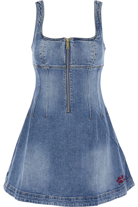 Homeware self-portrait Blue Dress With Zip Closure On The Front And Embroidered Logo In Denim Woman