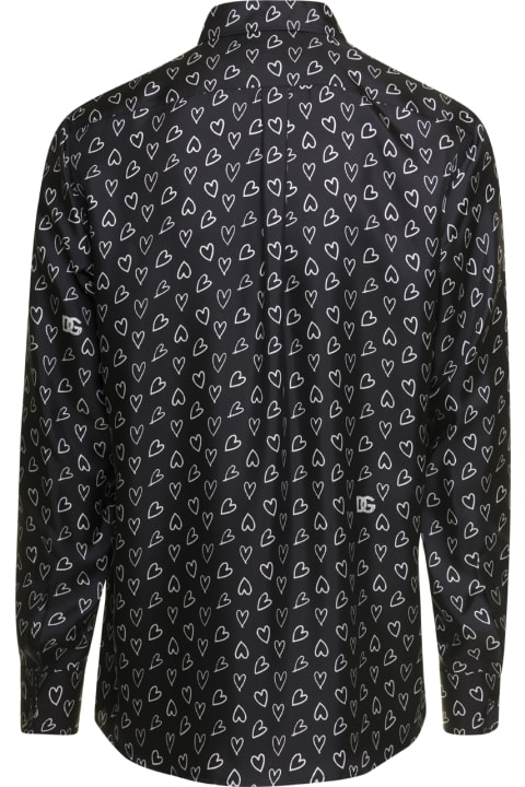 Black Shirt With All-over Dg Heart Print In Silk Man Dolce & Gabbana