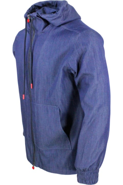 Kiton Sweaters for Men Kiton Super Light Sweatshirt Jacket With Hood In Very Soft Denim-effect Cotton Fabric With Zip Closure With Logo On The Zip Puller