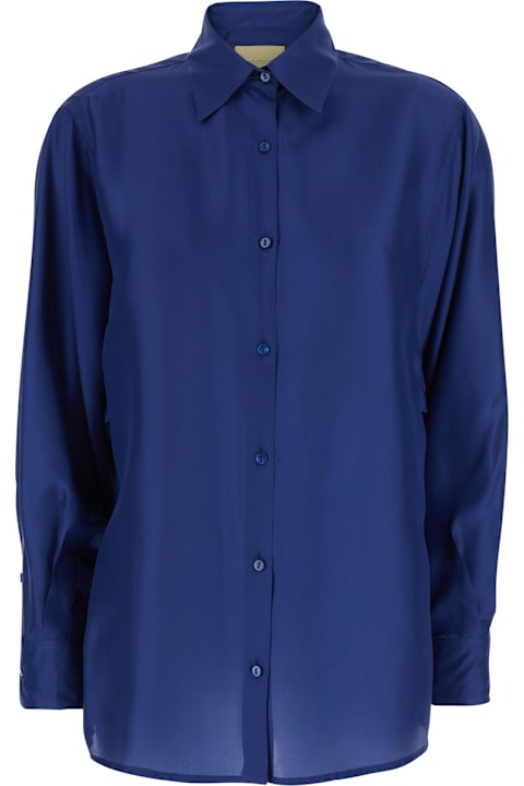 Homeware Momonì Blue Long-sleeved Shirt With Classic Collar In Silk Woman
