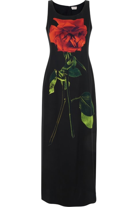 Alexander McQueen for Women Alexander McQueen Black Long Dress With Shadow Rose Print In Silk Woman
