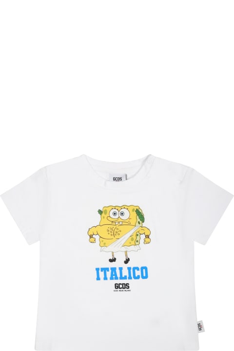 GCDS Mini T-Shirts & Polo Shirts for Baby Boys GCDS Mini White T-shirt For Baby Girl With Spongebob Print