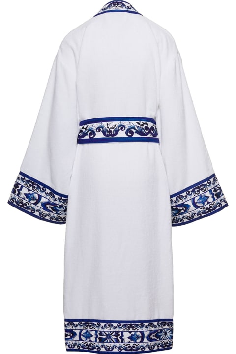 ウィメンズ Dolce & Gabbanaの水着 Dolce & Gabbana White Kimono Bathrobe With Blu Mediterraneo Trim In Cotton Dolce & Gabbana