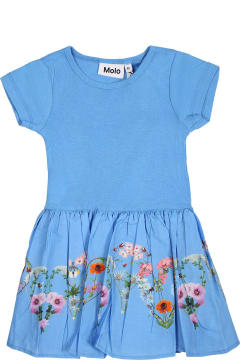 Molo Kids Molo Light Blue Casual Carin Dress For Baby Girl With A Floral Pattern