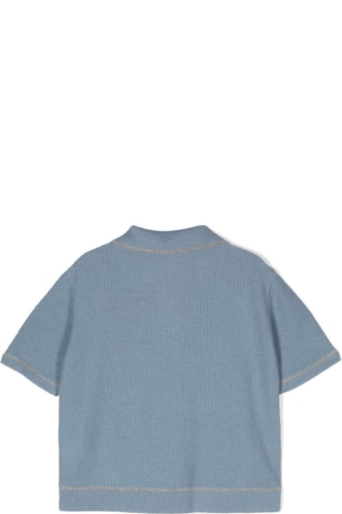 Fashion for Kids Eleventy Dusty Blue Knitted Polo Shirt With Grey Stripes