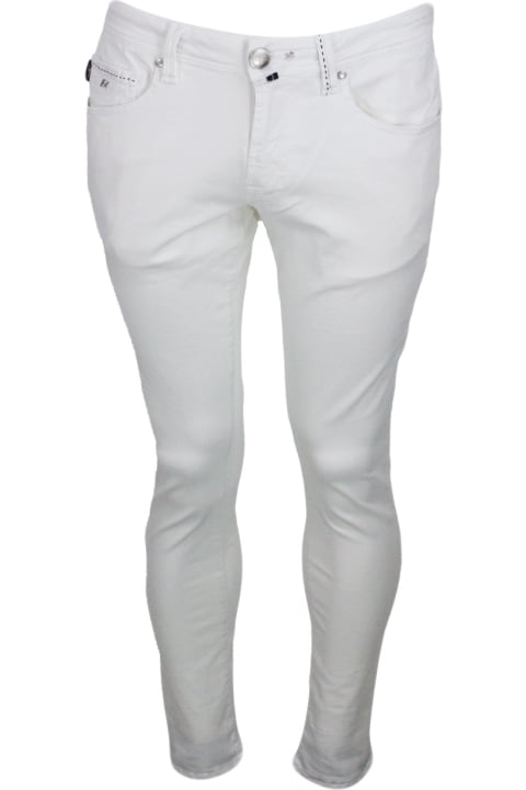 Leonardo Slim Zip Trousers In Soft Cotton With 5 Pockets With Tailored Stitching And Suede Tab. Zip And Button Closure