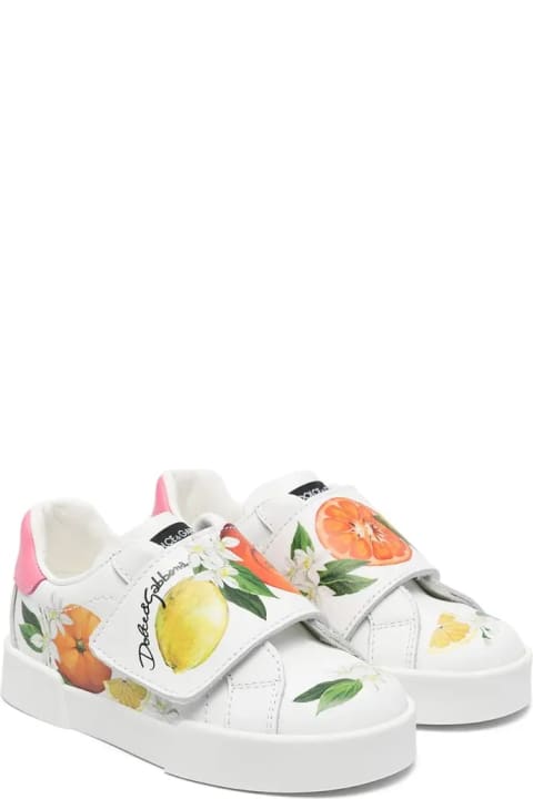 Dolce & Gabbana for Kids Dolce & Gabbana Printed White Leather First Steps Portofino Sneakers