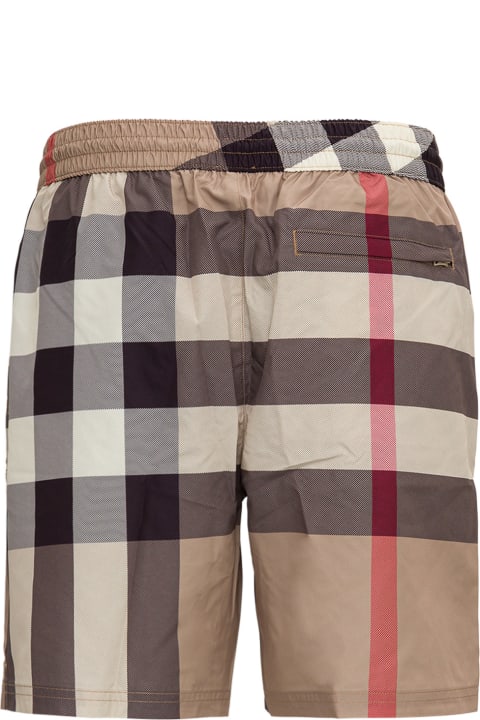Beige Swim Trunks With All-over Vintage Check Motif In Nylon Man