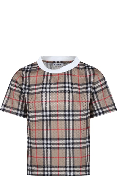 Beige T-shirt For Boy With Iconic Vintage Check