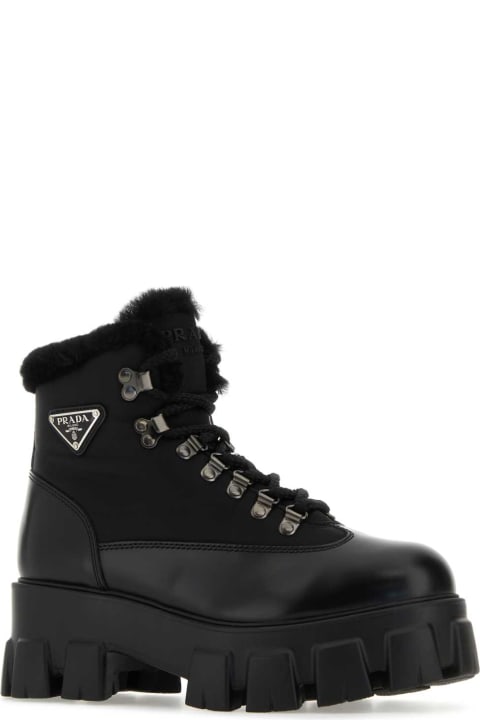 Prada Boots for Women Prada Black Leather And Nylon Monolith Ankle Boots