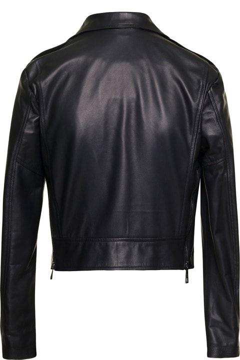 Black Biker Jacket With Wide Peak Lapels In Leather Woman