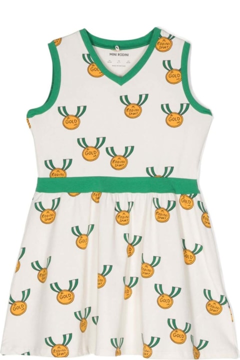 Dresses for Girls Mini Rodini Mini White And Green Dress With All-over Medals Print In Stretch Cotton Girl
