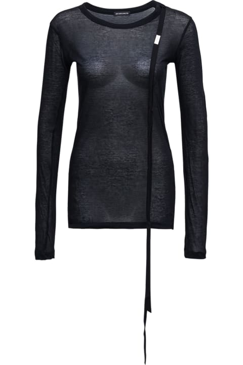 Ann Demeulemeester Sweaters for Women Ann Demeulemeester Camille Black Light Jersey Long Sleeve Tee Wit Ribbon Detail