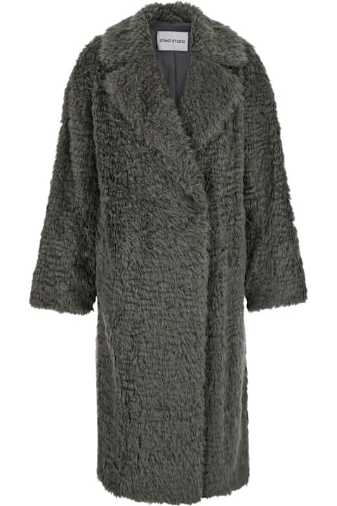 STAND STUDIO معاطف وجواكت لـ السيدات STAND STUDIO 'nicole' Grey Double-breasted Coat With Classic Revers In Eco-fur Woman