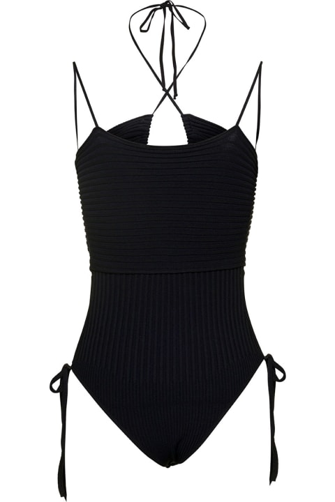 ウィメンズ ANDREĀDAMOの水着 ANDREĀDAMO Black Ribbed Body-suit With Cut-out Detail And Halterneck In Viscose Blend Woman