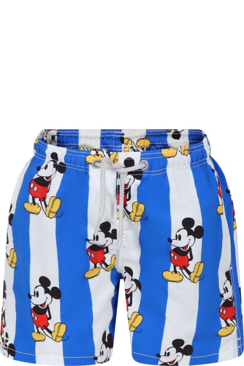 Sale for Boys MC2 Saint Barth Light Blue Swim Shorts For Boy With Mickey Mouse Print And Logo