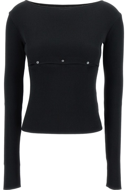 Low Classic Sweaters for Women Low Classic Black Ribbed Top With Boat Neckline And Buttons In Rayon Blend Woman