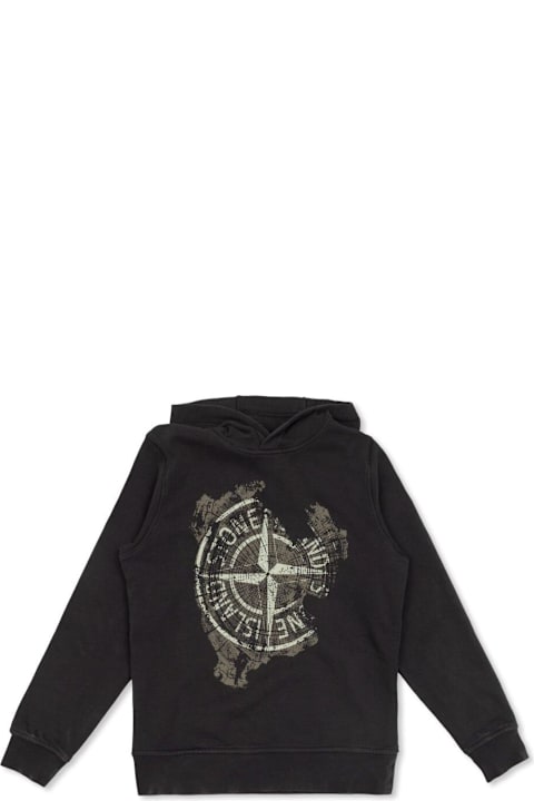 Homeware Stone Island Junior Black Hoodie With Fixed Hood And Maxi Logo Print On The Front In Cotton Boy