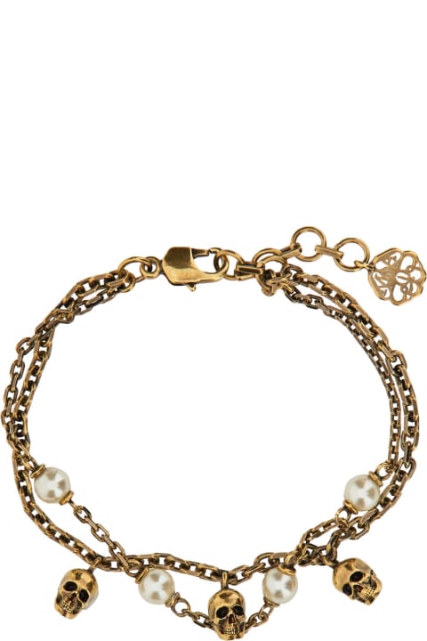 Jewelry Sale for Women Alexander McQueen Skull Pearl Chain Bracelet In Antiqued Gold