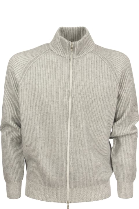 Brunello Cucinelli Men Brunello Cucinelli Zipped Cardigan Sweater With High Vanisè Collar In Cashmere