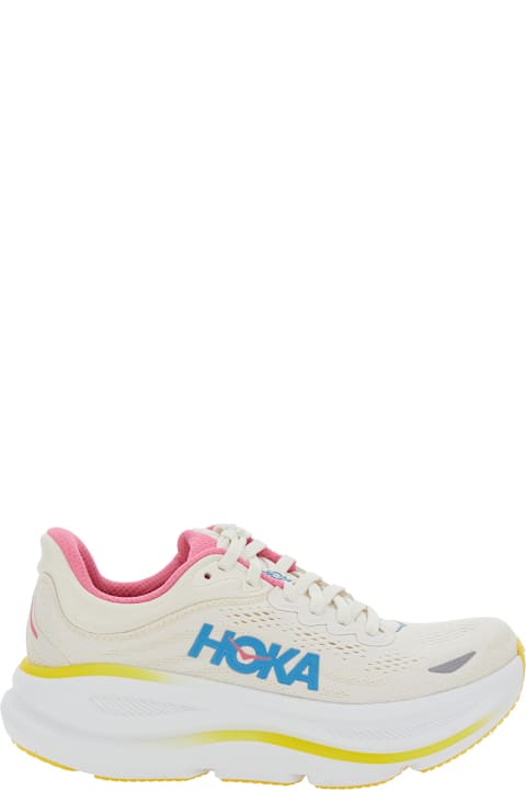 Hoka لـ Kids Hoka 'bondi 9' White Low Top Sneakers With Maxi Logo Lettering On The Side In Tech Fabric Unisex