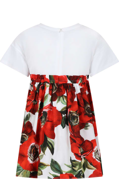 ガールズのセール Dolce & Gabbana Casual White Dress For Girl With Poppies And Logo