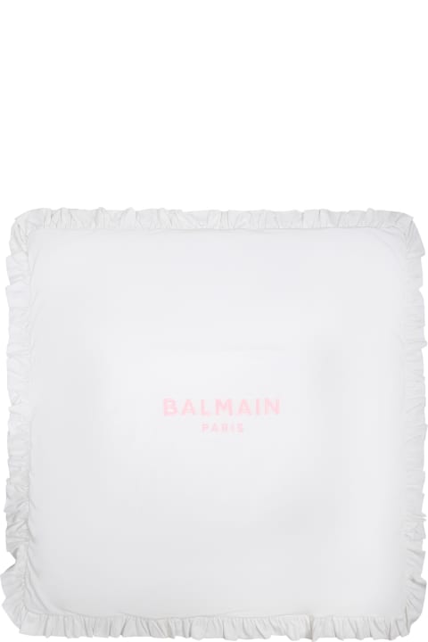 Balmain for Kids Balmain White Blanket For Baby Girl With Logo