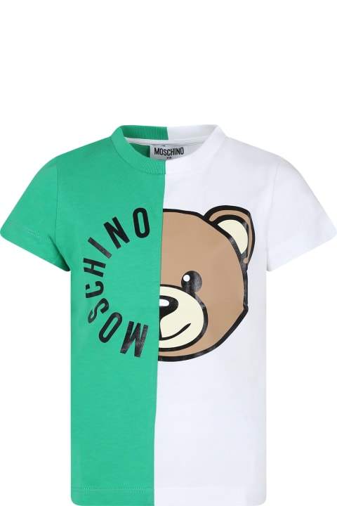 Fashion for Boys Moschino Green T-shirt For Kids With Teddy Bear And Logo