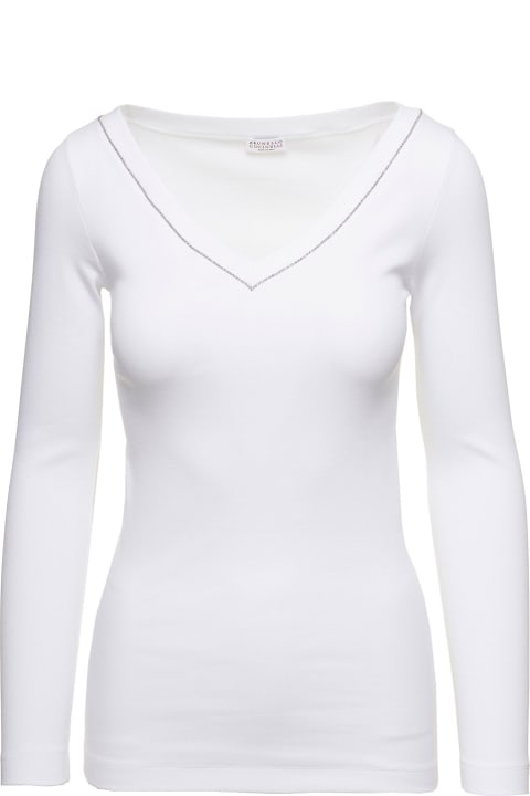 Brunello Cucinelli for Women Brunello Cucinelli White V-neck Pullover With Beads Detailing In Stretch Cotton Woman