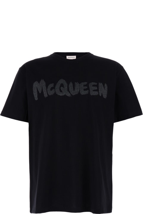 Alexander McQueen for Men Alexander McQueen Black T-shirt With Glitter Logo Print In Cotton Man