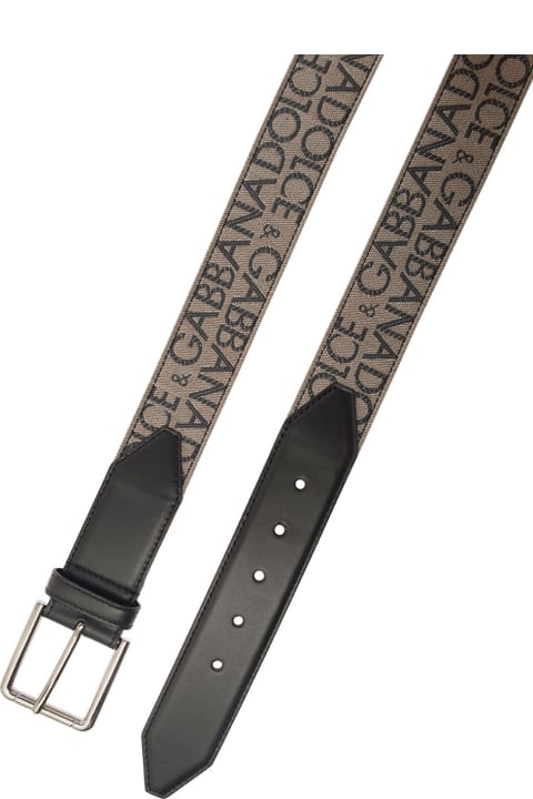 Black Belt With All-over Jacquard Logo And Leather Inserts Man