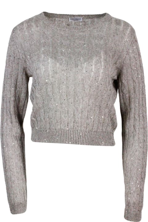 Lightweight Long-sleeved Shirt In Linen Blend With Cable Knit And Embellished With Applied Micro Sequins