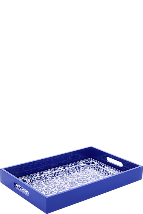  Dolce & Gabbanaديكور منزلي Dolce & Gabbana Blue And White Rectangular Tray With Blu Mediterraneo Print In Lacquered Wood