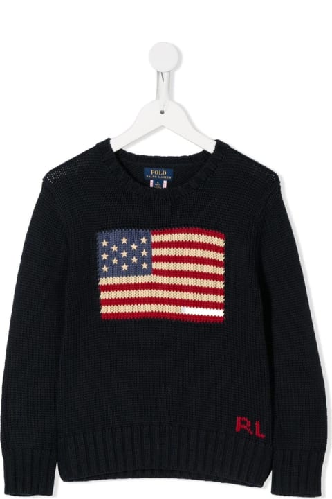 Ralph Lauren Sweaters & Sweatshirts for Boys Ralph Lauren Blue Knit Sweater With Flag In Cotton Boy