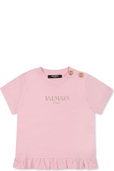 Balmain T-Shirts & Polo Shirts for Baby Girls Balmain Pink T-shirt For Baby Girl With Gold Logo