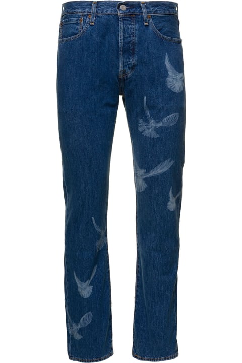 3. Paradis X Levi's  501 Blue Trousers With Birds Print In Cotton Denim Man