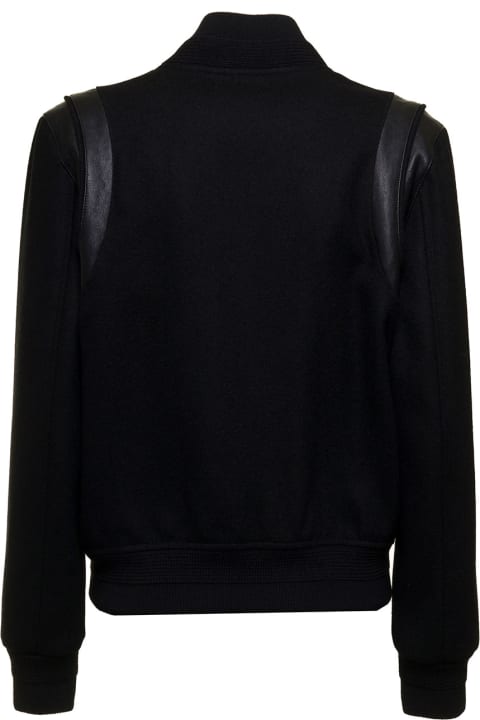 Saint Laurent Woman's Versity Black Wool And Leather Bomber Jacket