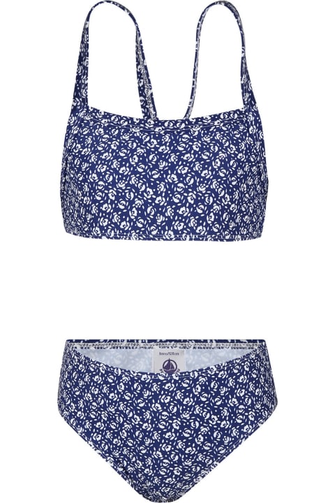 Swimwear for Girls Petit Bateau Blue Bikini Dress For Girl With Flowers Print