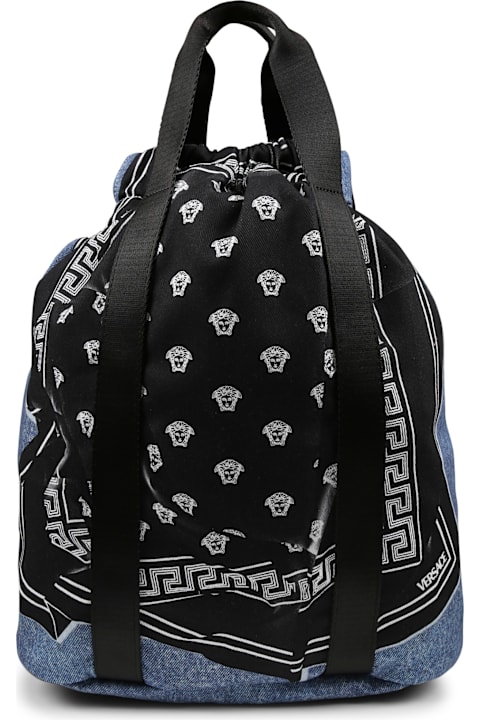 Versace Accessories & Gifts for Boys Versace Denim Backpack For Kids With Medusa Bandana Print