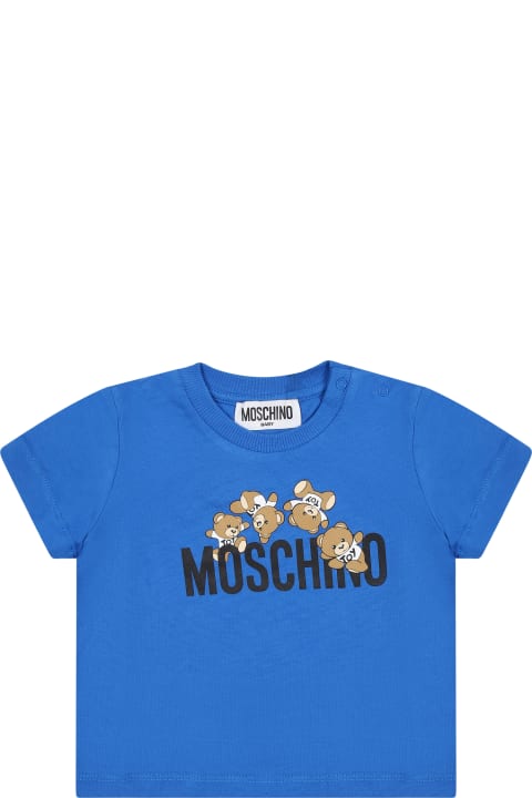 T-Shirts & Polo Shirts for Baby Girls Moschino Blue T-shirt For Baby Boy With Teddy Bears And Logo