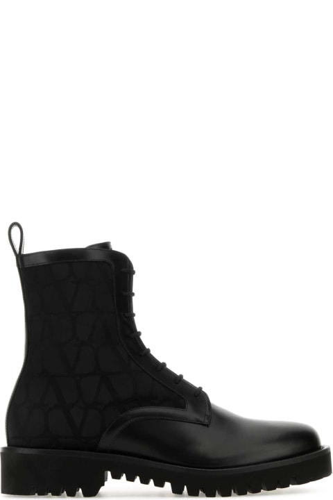 メンズ シューズ Valentino Garavani Black Toile Iconographe And Leather Ankle Boots