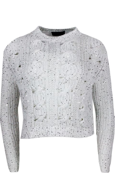 Lorena Antoniazzi Sweaters for Women Lorena Antoniazzi Long-sleeved Crew-neck Sweater In Cotton With Braided Work Embellished With Microsequins And Back Part In Breathable Technical Fabric