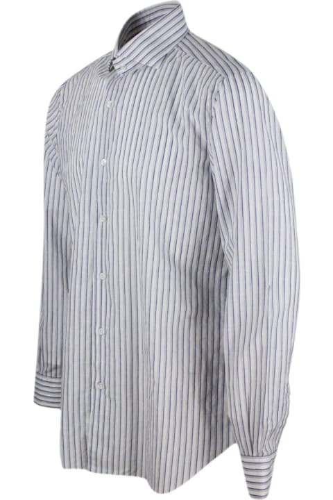 Barba Napoli for Men Barba Napoli Long-sleeved Cult Shirt With French Collar With Gray And Blue Stripes On A White Base In Cotton And Linen