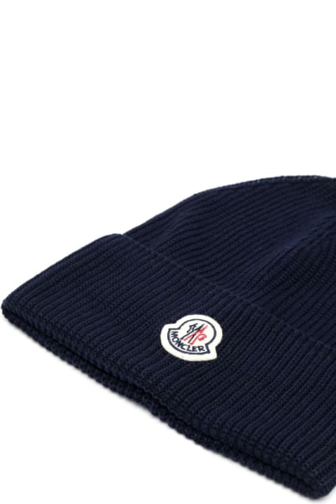 Moncler Accessories for Men Moncler Navy Blue Cotton Beanie With Logo