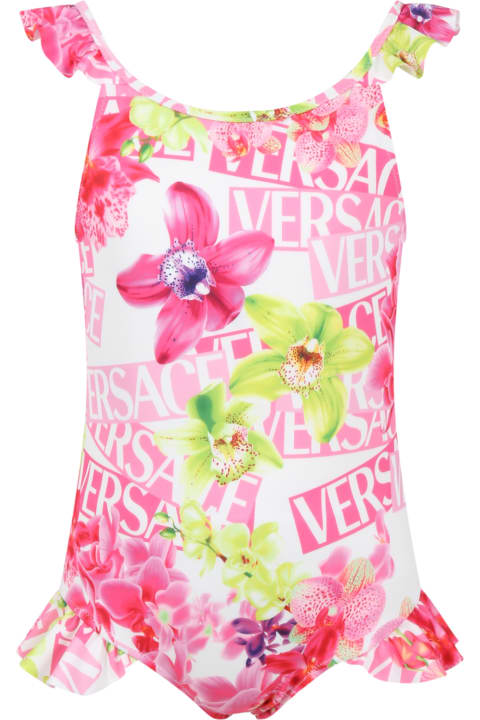 Swimwear for Girls Versace White Swimsuite For Girl With Floral Print And Logo All-over
