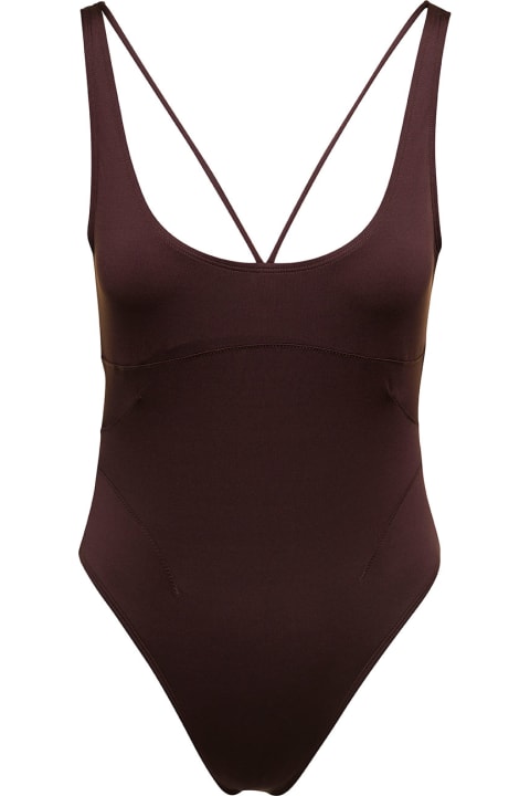 Brown One-piece Swimsuit With Logo-plaque In Recycled Polyester Woman