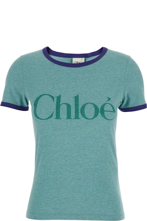 Chloé for Men Chloé Green Crewneck T-shirt With Logo Lettering Print On The Front In Cotton Woman