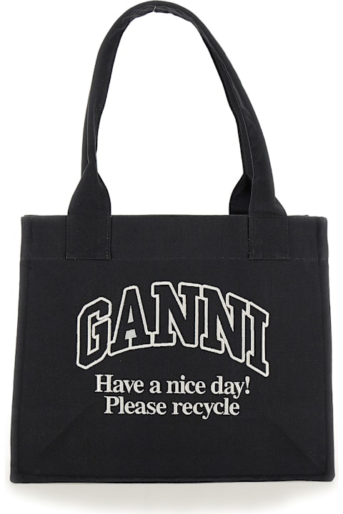 Ganni Bags for Women Ganni Black Shopper With Embroidered Logo On The Front In Denim Woman